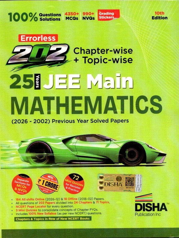 Disha Errorless 202 Mathematics Chapter-wise & Topic-wise 25 Year JEE Main Previous Year Solved Papers (2026 - 2002) 10th Edn|100% New Syllabus JEE MAINS PYQ Book with Detailed Solutions |For JEE 2027